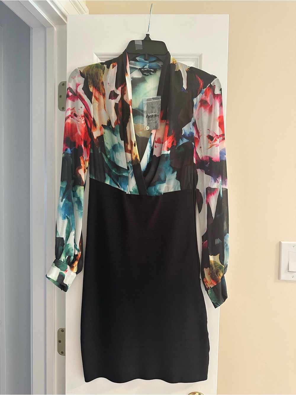 bebe Black Dress with Multicolor Floral Bodice